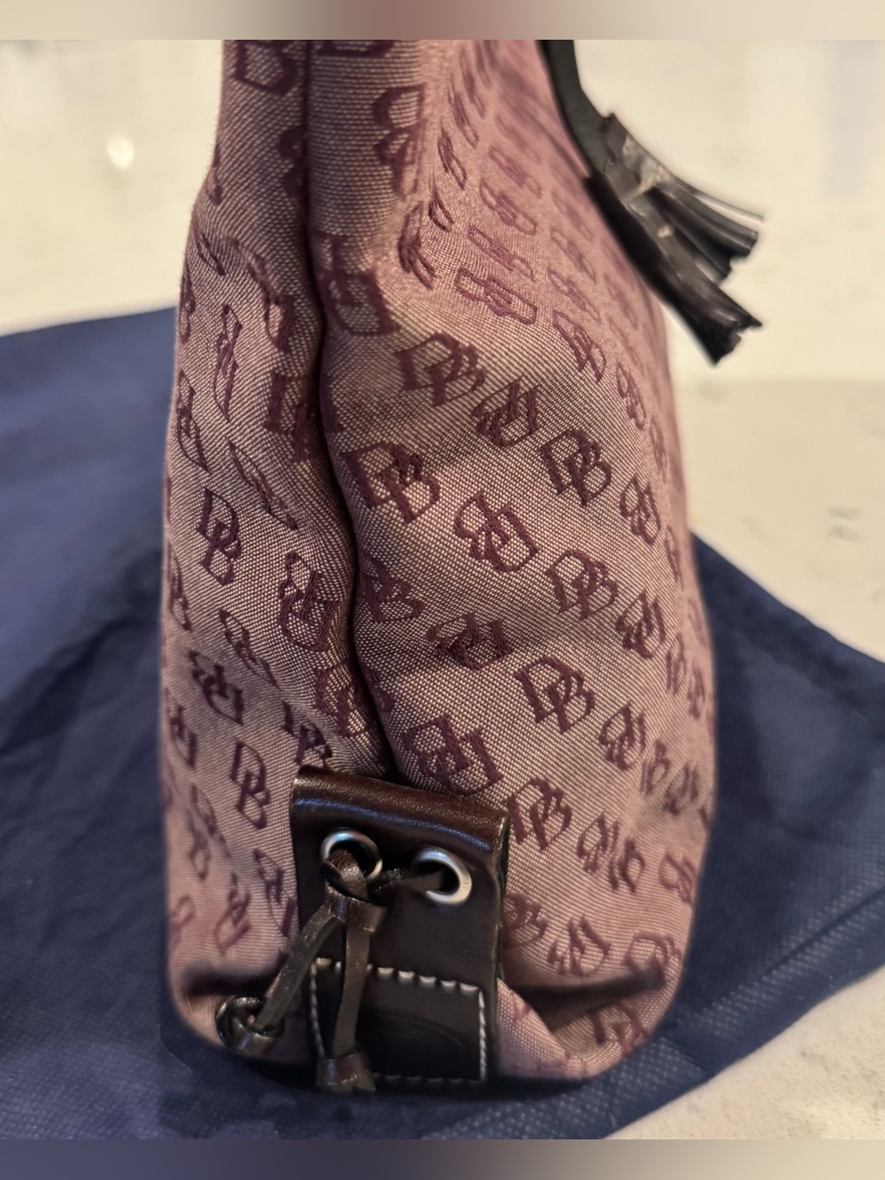 Dooney & Bourke Tassel Tote Bag Purple Signature Canvas Brown Leather - Picture 4 of 11